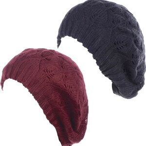 NWT BYOS 2 Mid-Weight Slouchy Leafy Cutout Crochet Soft Knit French Berets